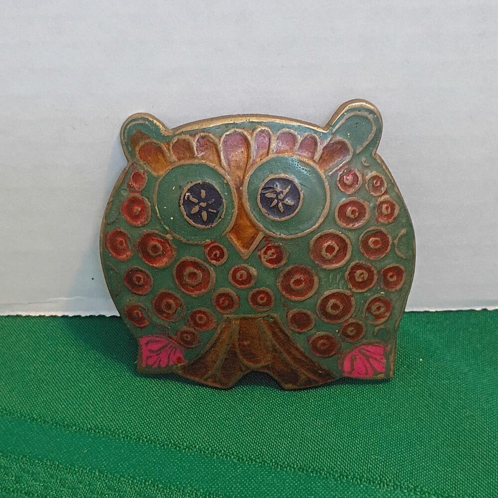 Vintage Lee Bernay Golden Hands Hand Painted Brass Owl Belt Buckle